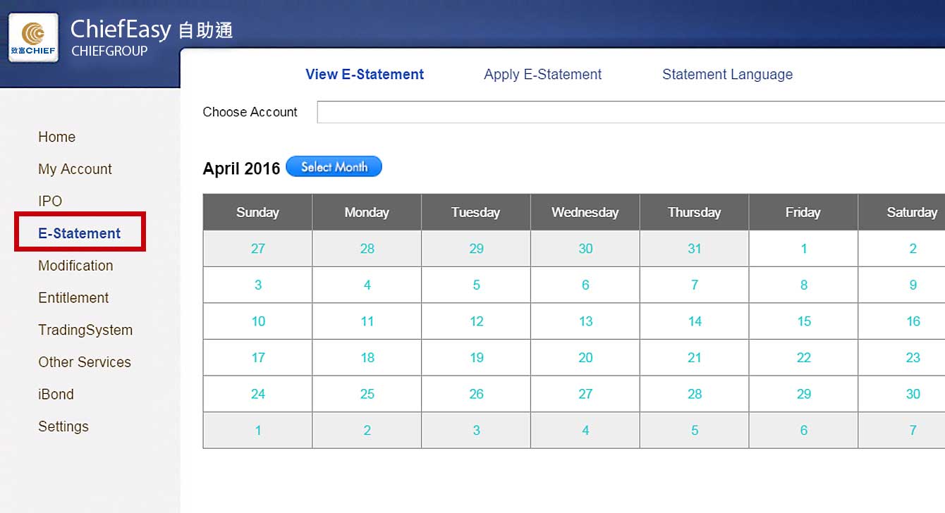 check your e-statement by choosing date and month